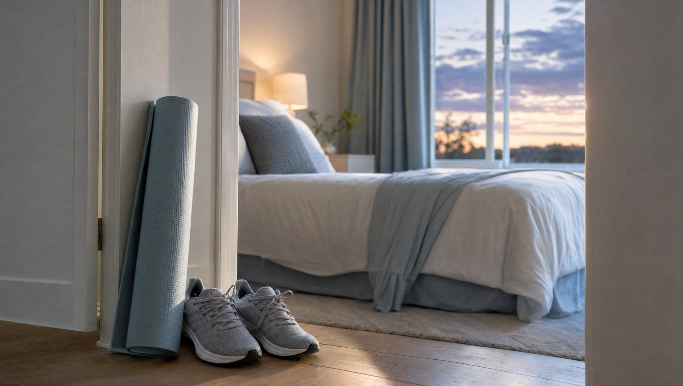A rolled yoga mat and running shoes by a bedroom door with a bed and a dusk sky beyond
