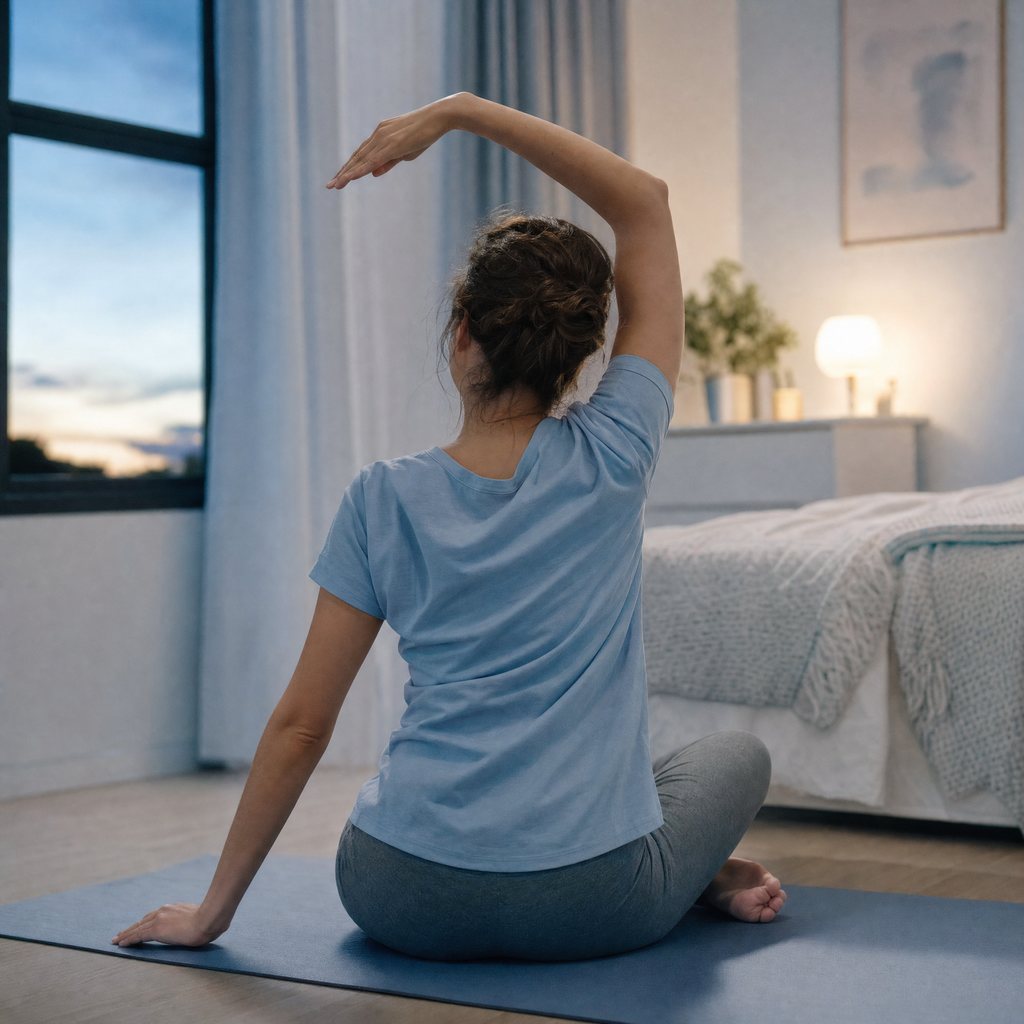 A person doing a gentle seated stretch on a yoga mat in a softly lit bedroom in the evening