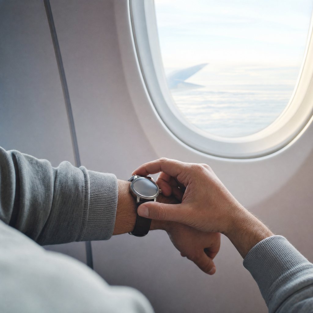 A traveller adjusting a wristwatch beside an airplane window in morning light