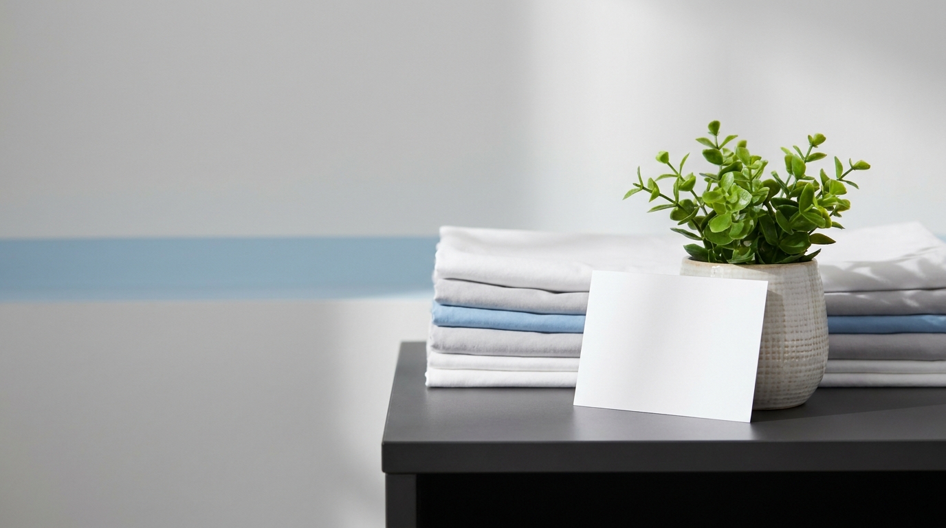 Folded white and blue pillowcases beside a potted plant