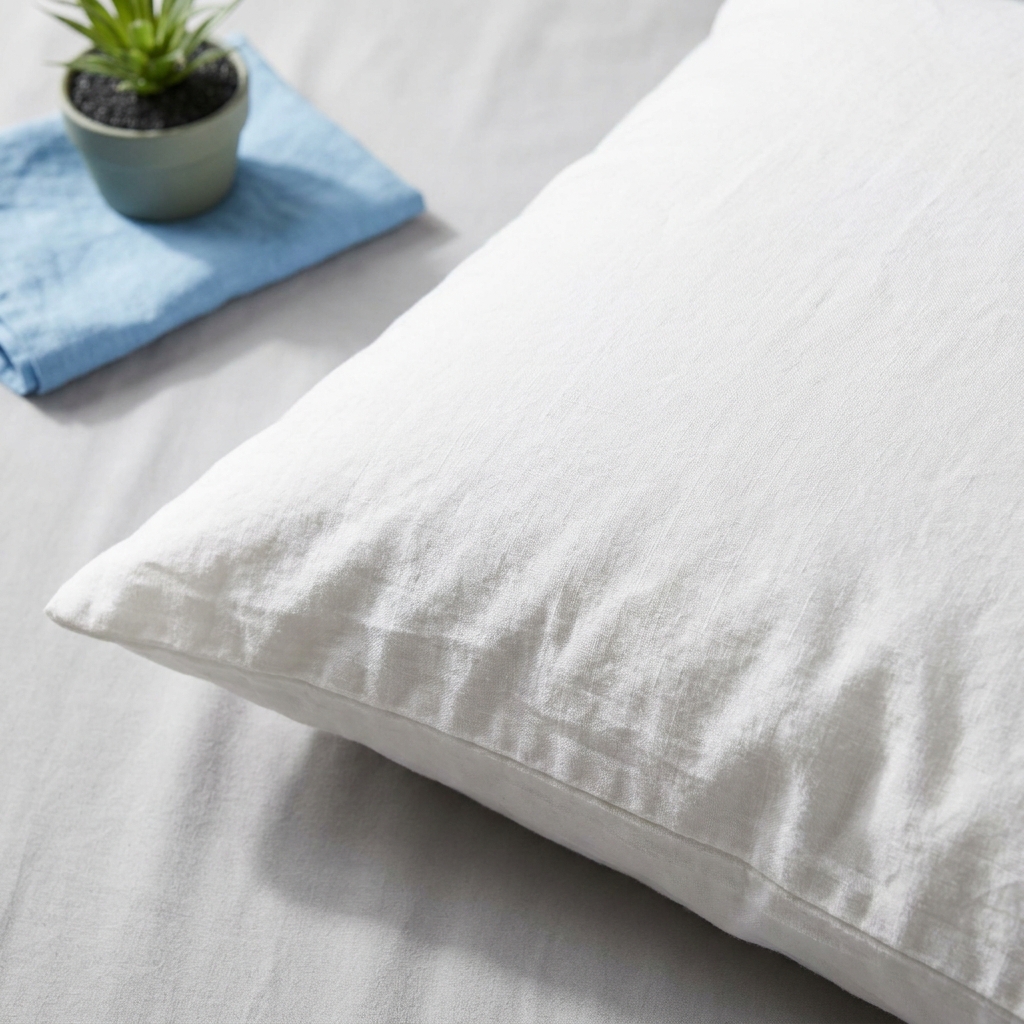 Close-up of a white pillowcase beside folded blue fabric