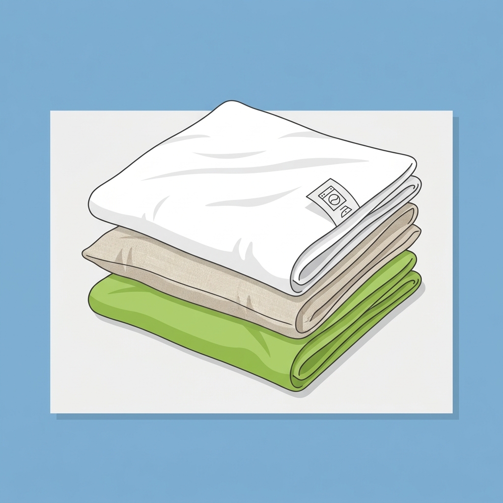 Illustration of three folded pillowcases with a fabric care label