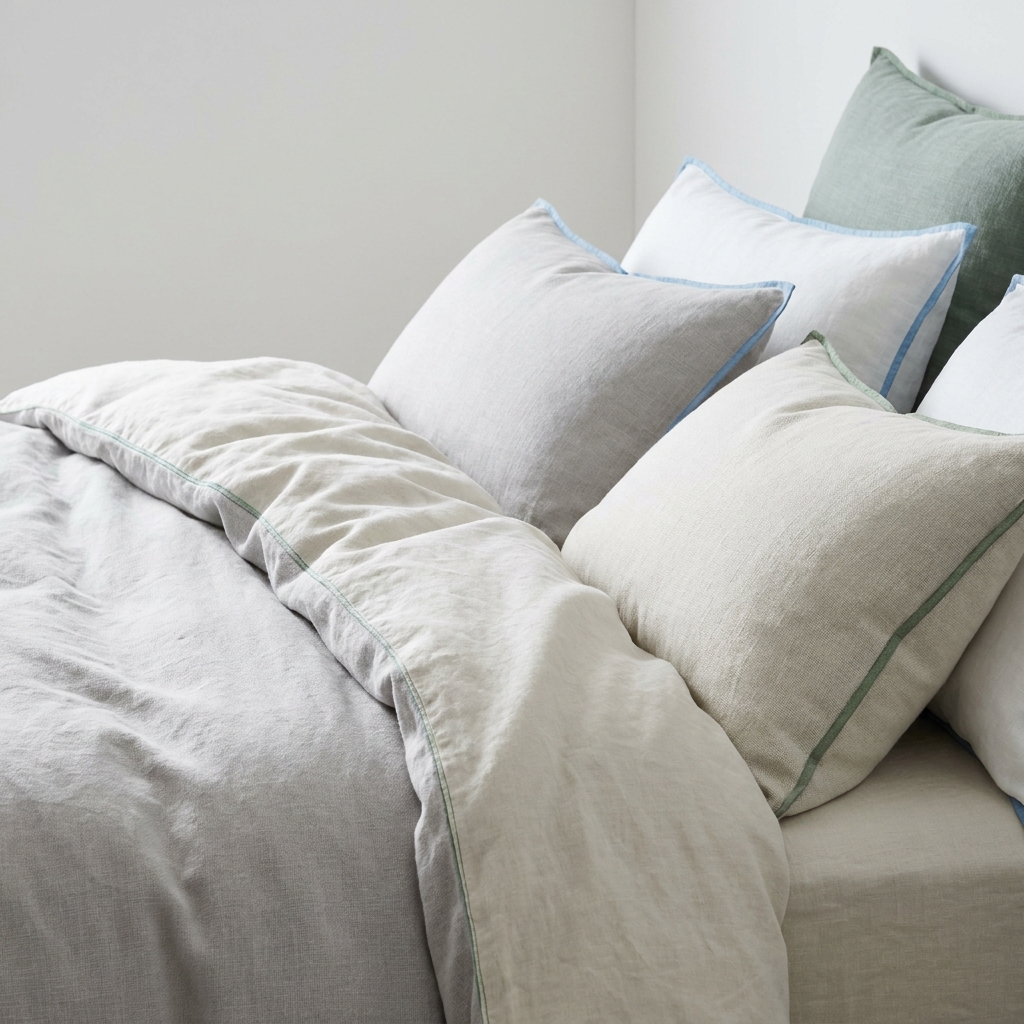 Close up of breathable cotton and linen bedding on a neatly made bed with soft editorial lighting and sky blue green charcoal light grey accents how to choose duvet tog