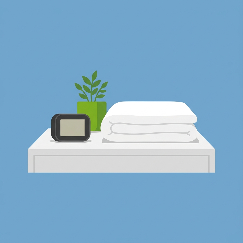 Minimalist 2D vector bedside with digital room thermometer on light grey table beside folded white duvet on sky blue background how to choose duvet tog