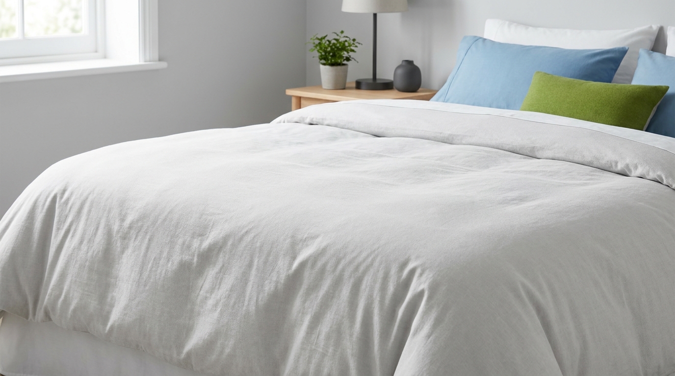 Neatly made minimalist bedroom with a neutral light grey duvet filling the frame soft natural lighting sky blue and green accents and charcoal details how to choose duvet tog