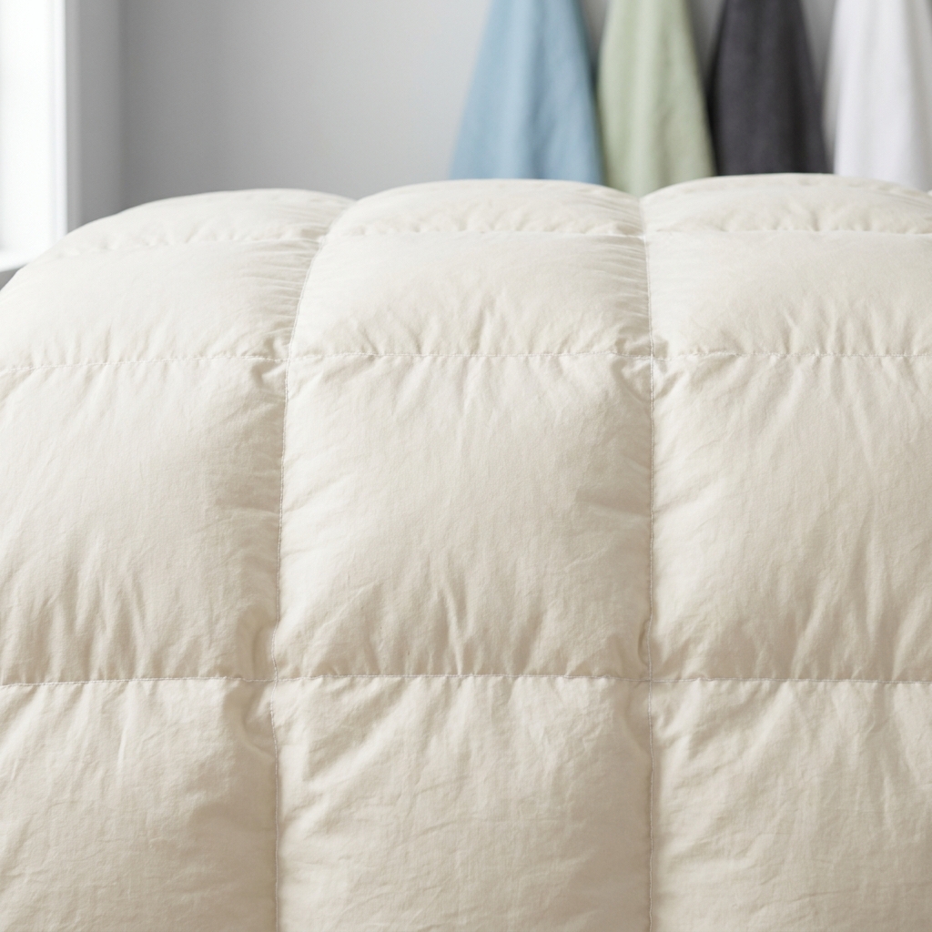 Close up of duvet fabric and baffle box stitching showing loft and fill on light grey background with subtle sky blue and green accents how to choose duvet tog