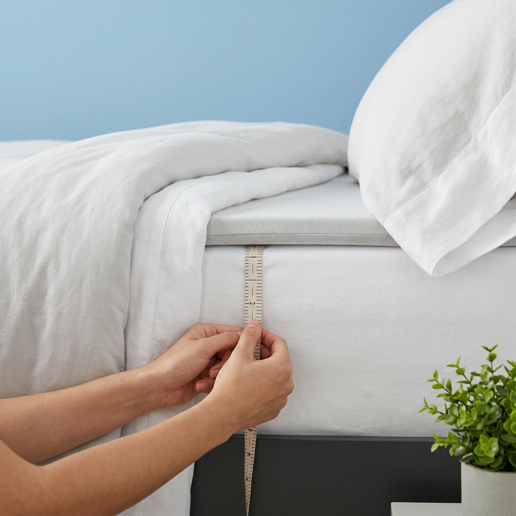 Close up of hands measuring mattress height with a tape measure showing mattress and thin topper with visible measurement ticks but no numbers in a minimalist bedroom setting how to keep fitted sheet on mattress