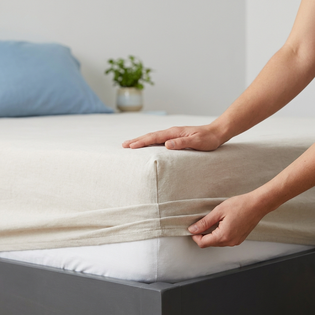 Close up of hands folding a fitted sheet into a hospital corner on a mattress showing how to keep fitted sheet on mattress with neutral fabric soft editorial lighting and uncluttered light grey background