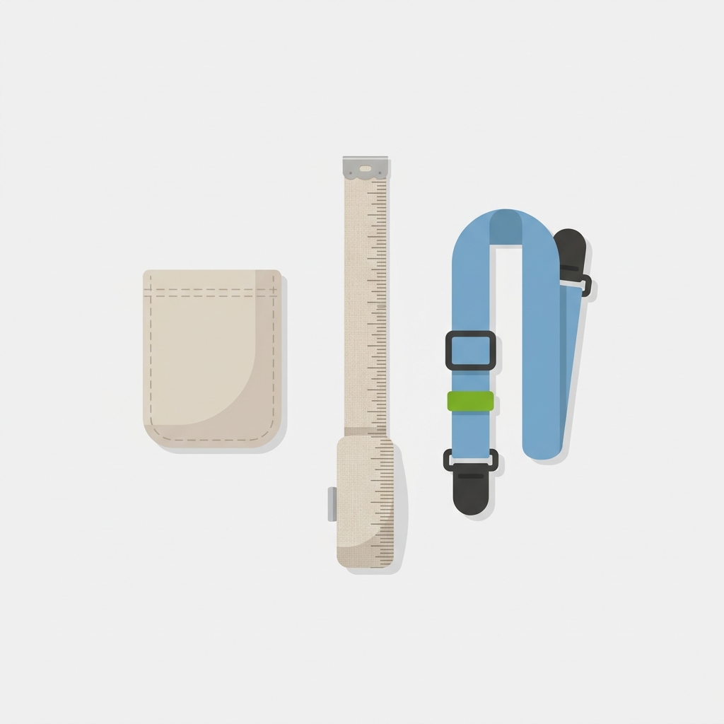 Minimalist 2D vector flat lay showing a measuring tape a deep pocket fitted sheet label and an adjustable sheet strap on a light grey background in brand colors to illustrate how to keep fitted sheet on mattress