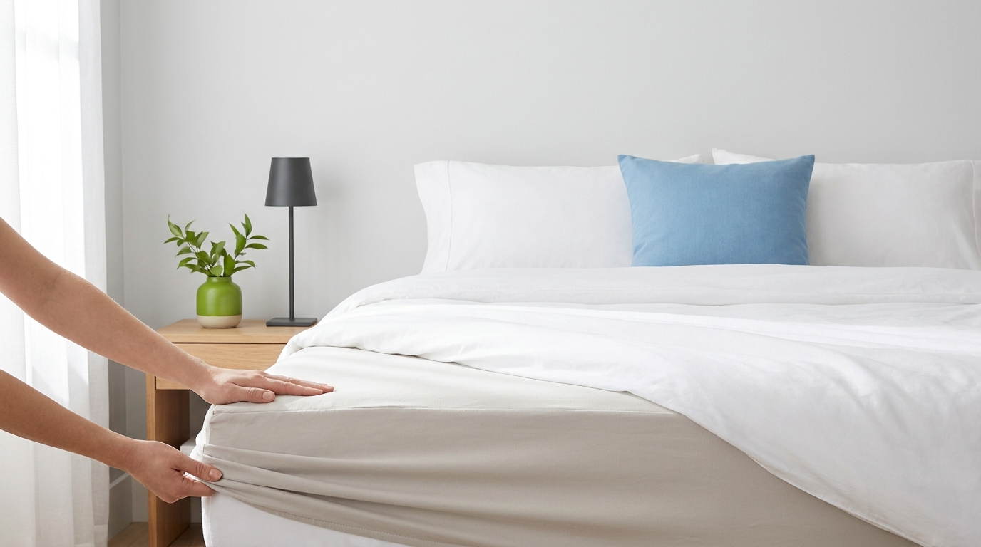 Minimalist full frame bedroom photo of a neatly made bed with a neutral mattress protector being smoothed by a hand in soft natural light with sky blue and green accents showing how to wash a mattress protector