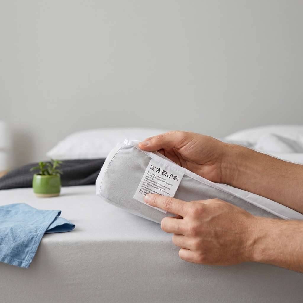 Close up of hands checking a mattress protector care label and fabric care symbols on a tag showing how to wash a mattress protector in a minimalist bedroom with sky blue and green accent props