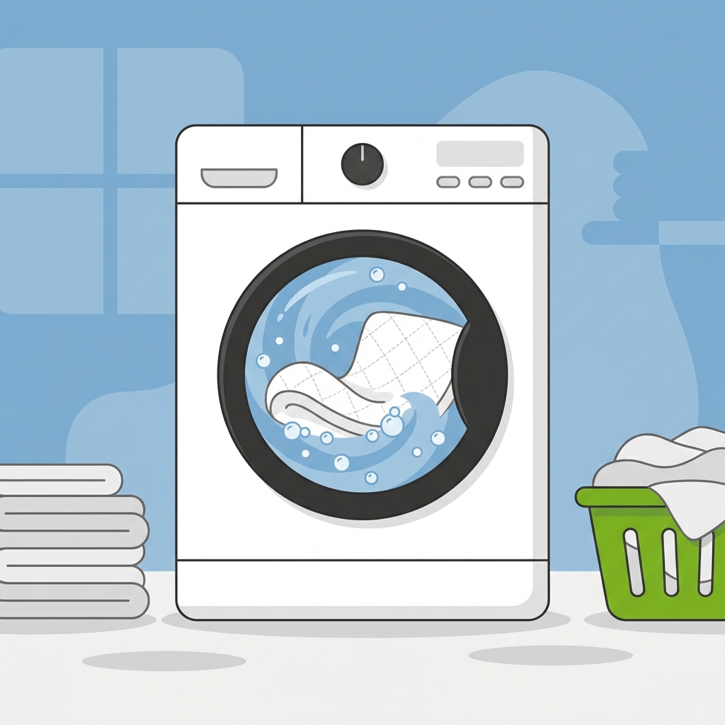 Minimalist 2D vector of a front load washer gently tumbling a white mattress protector in a calm home laundry scene with sky blue 78A5CB and green 77B21D accents how to wash a mattress protector
