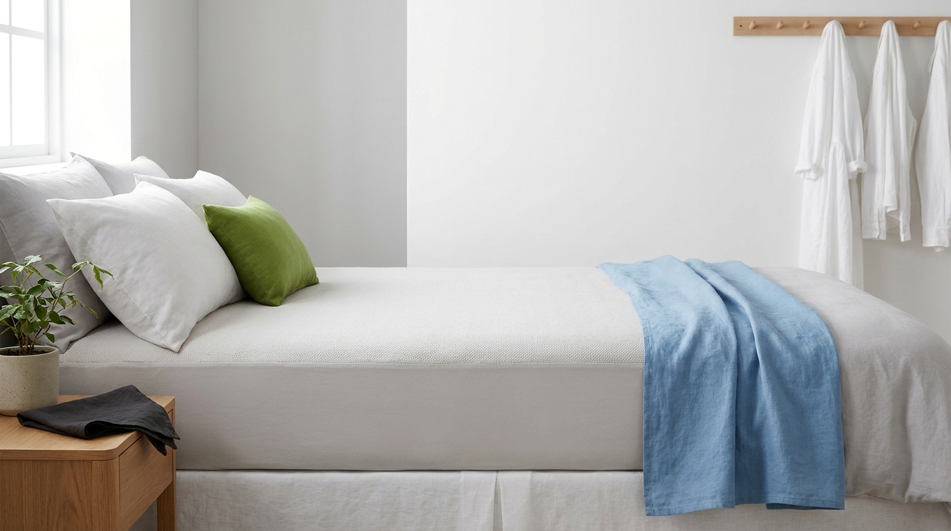 Minimalist bedroom with light colored mattress protector laid flat on a made bed soft natural light neutral linens and subtle brand color accents showing how to wash a mattress protector