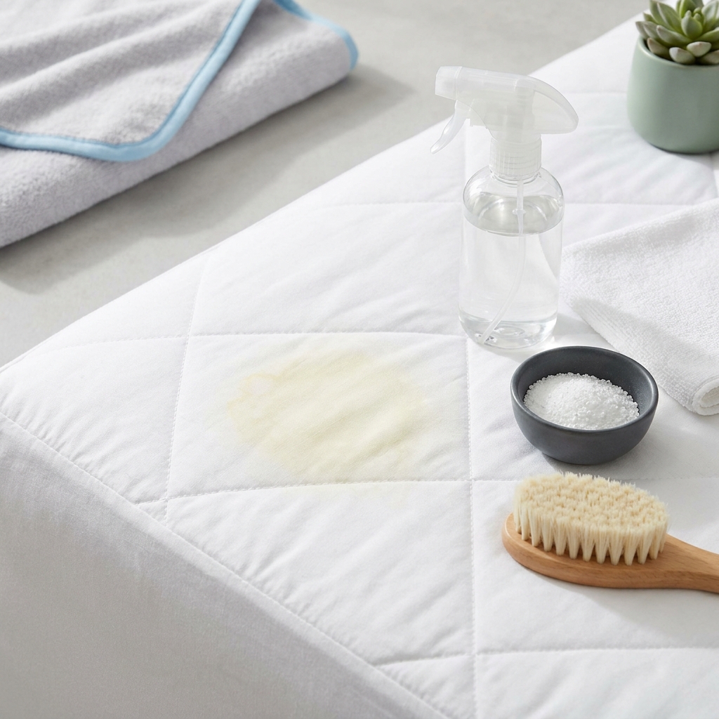 Close up of mattress protector fabric with a faint yellow stain and nearby unbranded cleaning supplies in minimalist styling how to wash a mattress protector