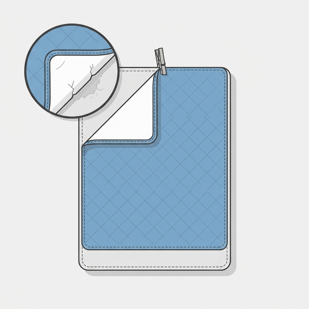 Top down vector illustration of a mattress protector corner lifted with a clothespin and a magnified inset showing seam and backing detail with minor peeling how to wash a mattress protector