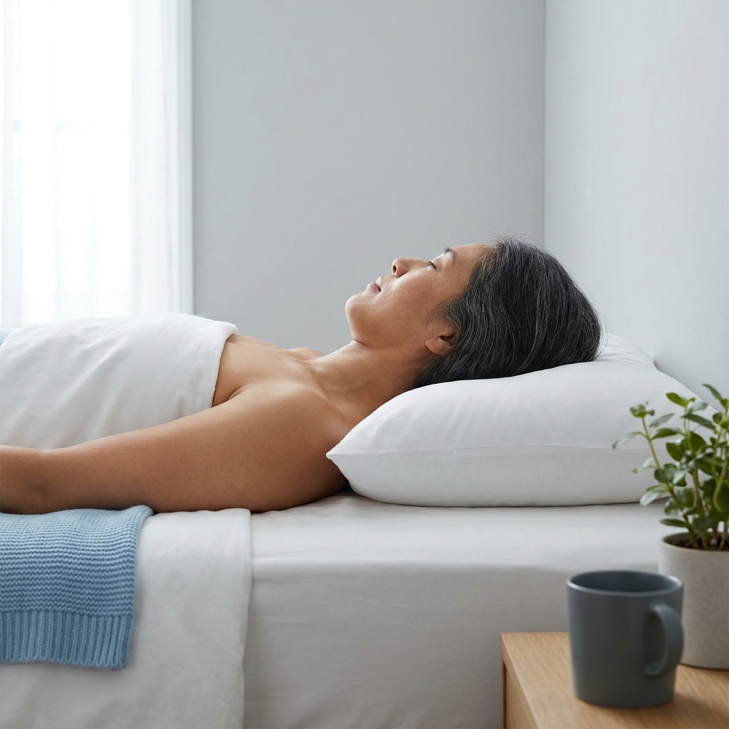 Side view of an adult lying on their side with a pillow filling the shoulder gap demonstrating correct pillow loft how to choose pillow loft minimalist bedroom with sky blue and light grey accents