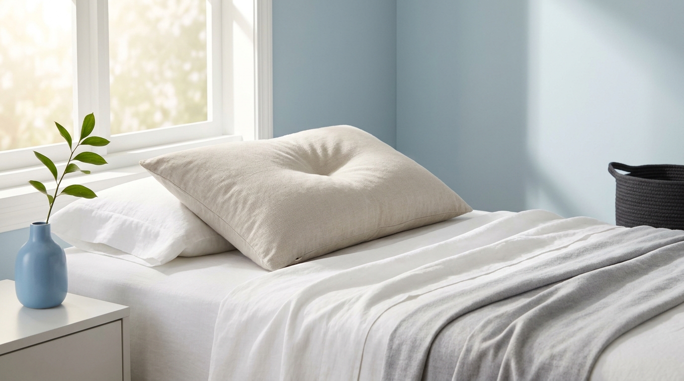 Minimalist bedroom with a neutral pillow on a neatly made bed bathed in soft morning light accented with sky blue and light grey how to choose pillow loft