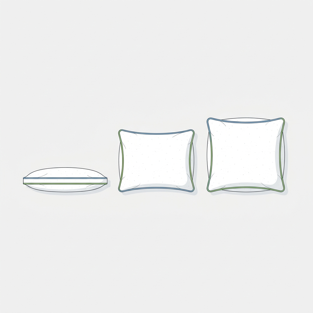 Minimal vector illustration of three pillows side by side showing low medium and high loft on a clean light grey background using brand colors how to choose pillow loft
