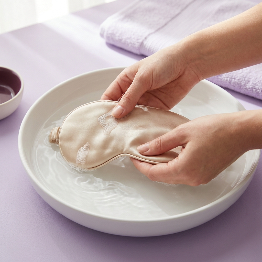 Hands washing a fabric sleep mask gently in a shallow basin
