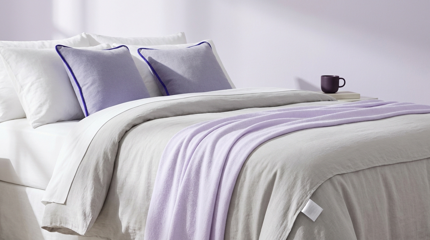 Neatly made bed with a neutral duvet cover and a visible care label at the corner illustrating soft natural light minimalist bedroom in Talk About Sleep palette