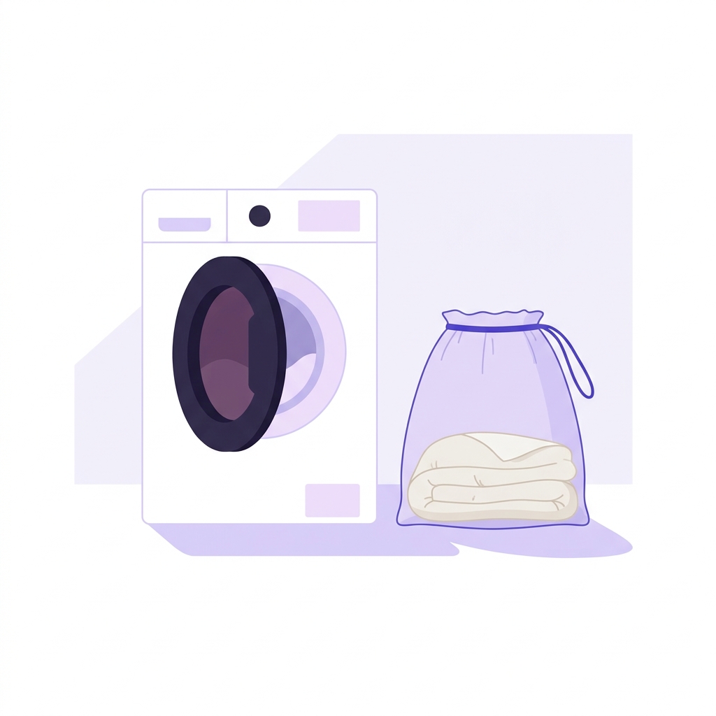 Minimalist 2D vector of a mesh laundry bag containing a neatly folded duvet cover next to a front loading washing machine in a calm editorial layout using soft lavender and deep plum colors