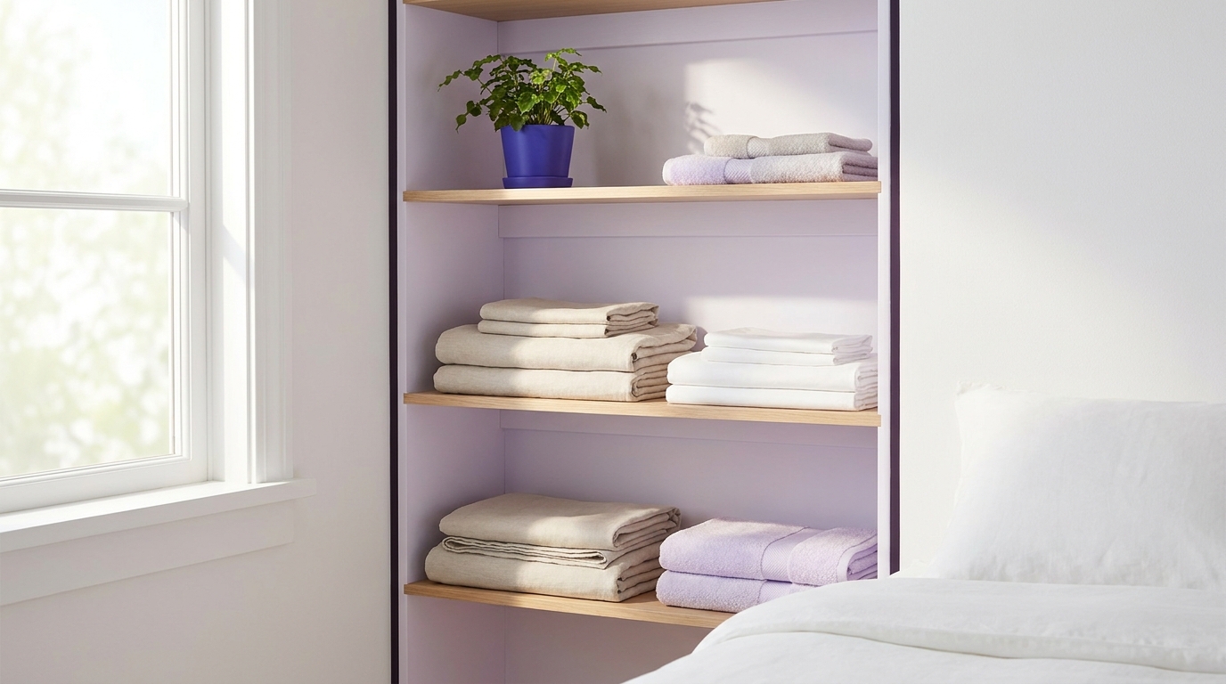 Sunlit minimalist bedroom shelf with neatly folded natural color bed sheets and a small potted plant by an open window illustrating why do bed sheets smell after being stored