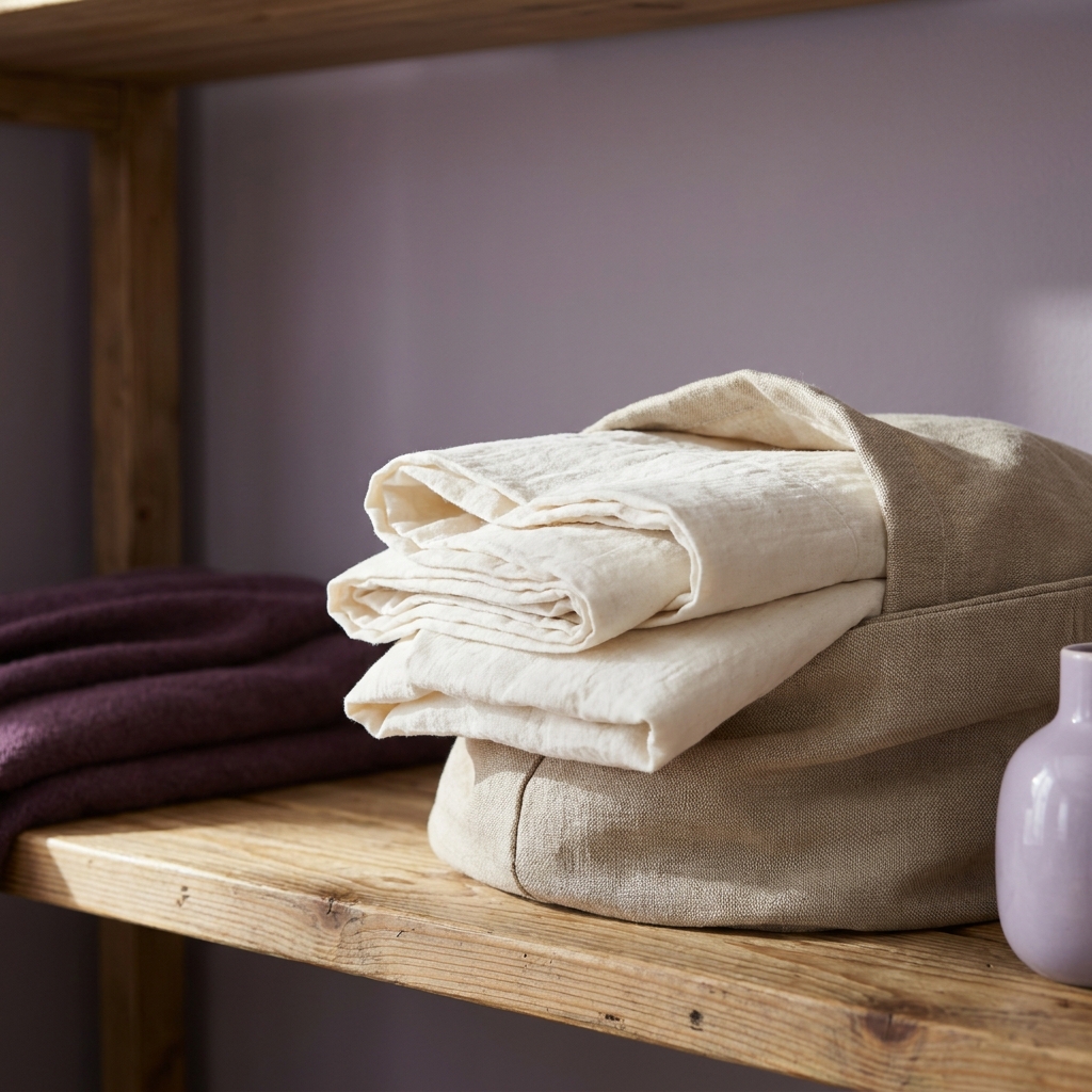 Close up of folded cotton sheets in a breathable linen bag on a wooden shelf in soft natural light why do bed sheets smell after being stored
