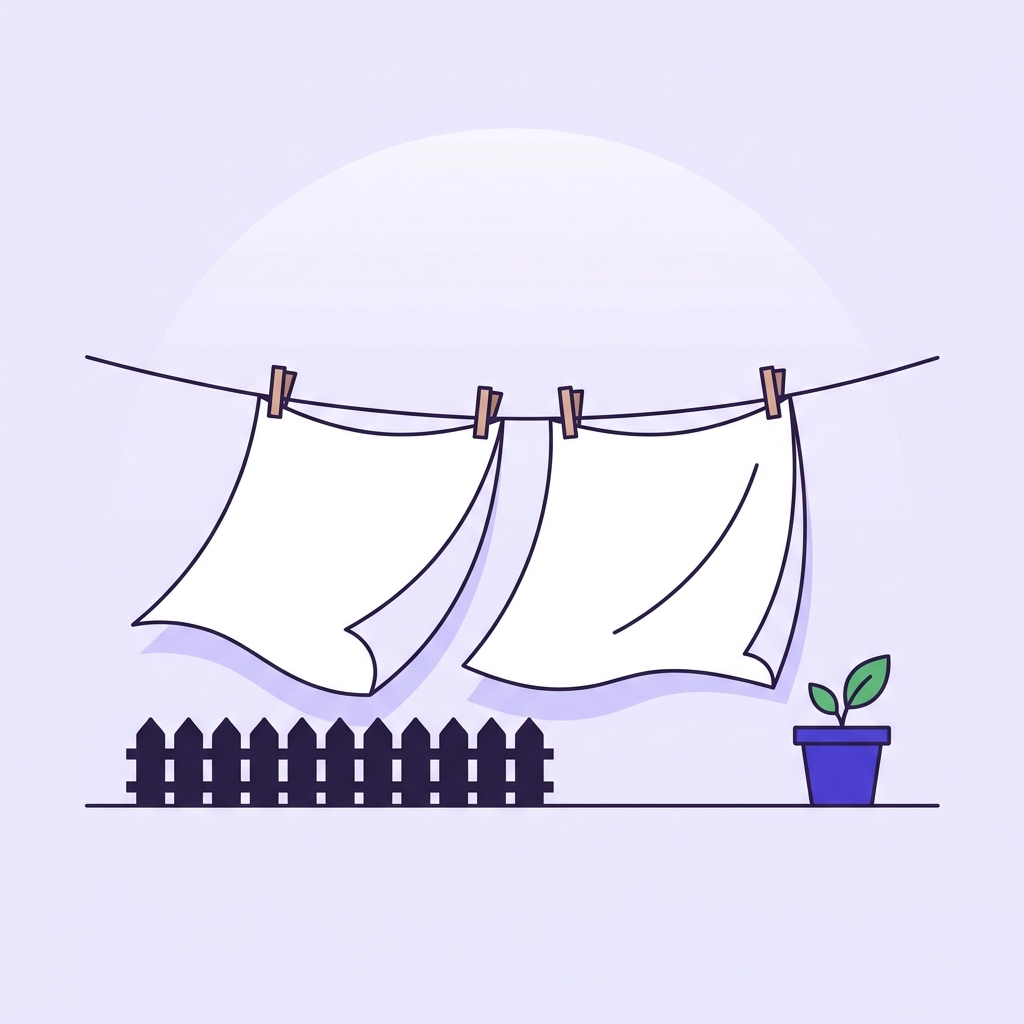 Minimalist 2D vector of a sunlit backyard clothesline with white bed sheets billowing in a gentle breeze illustrating why do bed sheets smell after being stored using a calm Talk About Sleep color palette