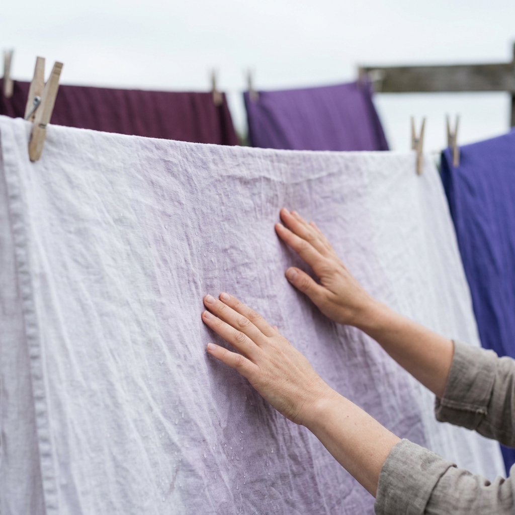 Close up of hands smoothing slightly damp linen sheets on a clothesline showing natural linen texture and gentle care in soft editorial light can i wash linen sheets in the washing machine
