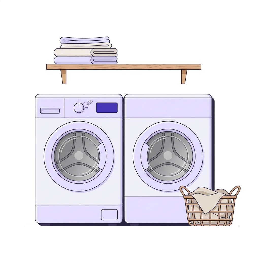 Minimalist 2D vector of a tidy laundry room with a front load washer and dryer side by side a dial showing a gentle cycle icon folded linen on a shelf and a basket can i wash linen sheets in the washing machine