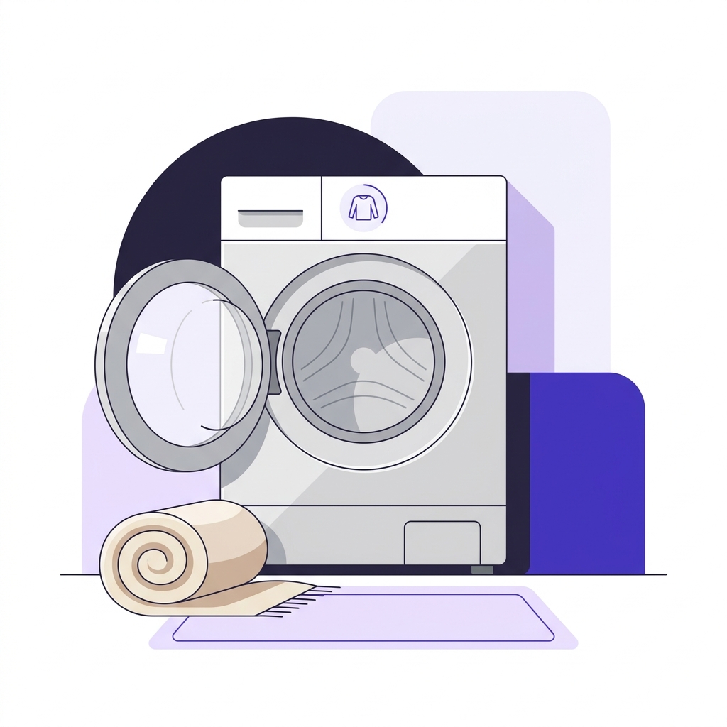 Minimal 2D vector editorial illustration of a front load washing machine open with a rolled wool throw beside it and a control panel showing a wool cycle icon can i wash a wool blanket in a washing machine