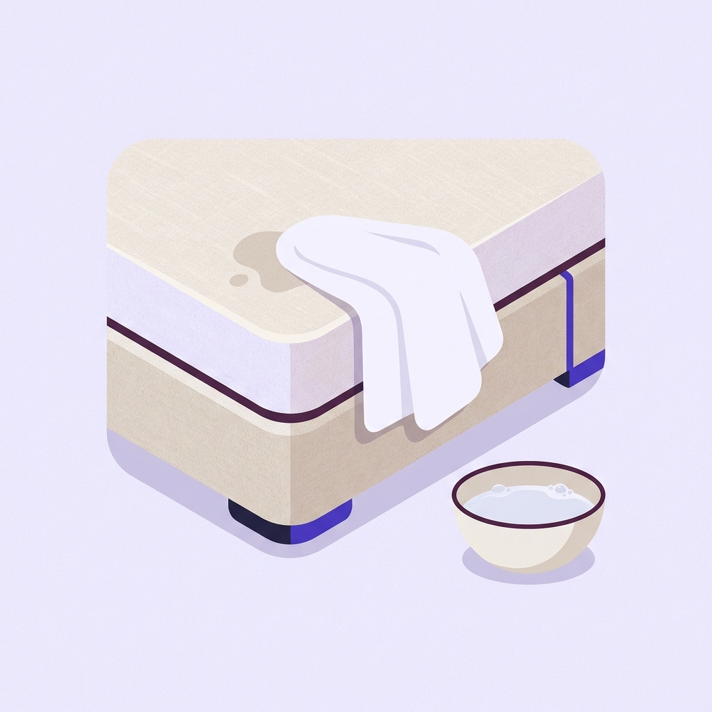 How do i clean my fabric bed frame minimalist 2D vector of an upholstered bed base corner showing a small stain a folded soft cloth and a small bowl of diluted detergent
