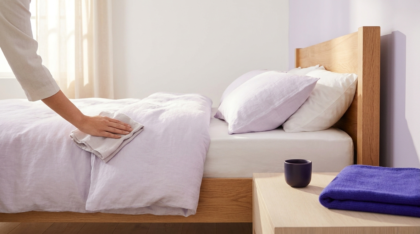 Minimalist bedroom with a finished wooden bed frame being gently dusted with a soft cloth in warm natural light and neutral bedding what is the best way to clean a wooden bed frame