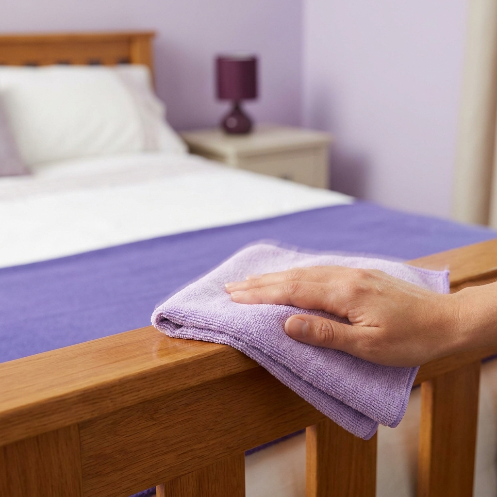 Close up of a hand wiping a finished wooden headboard with a slightly damp microfiber cloth in a minimalist bedroom setting what is the best way to clean a wooden bed frame