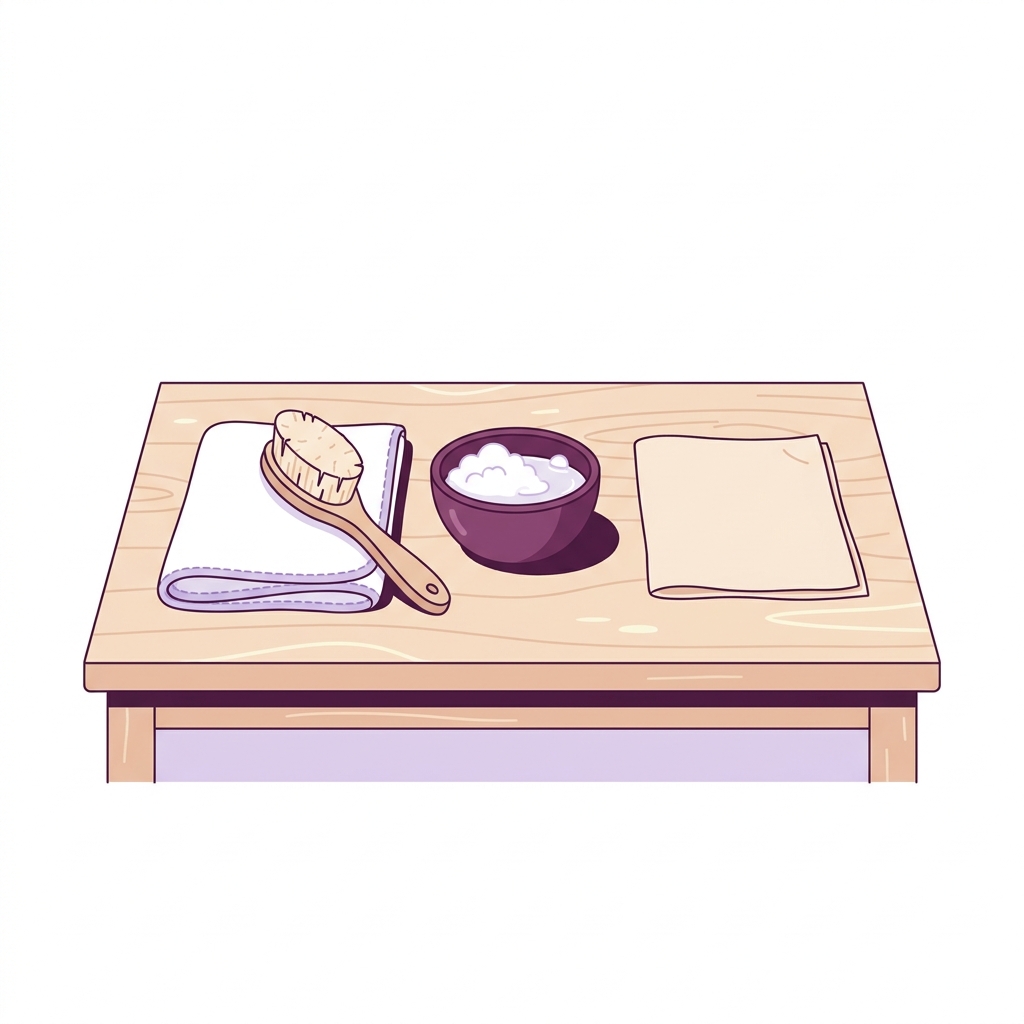 Minimalist vector of bedside cleaning kit on wooden table with microfiber cloth soft brush mild soap and dry cloth what is the best way to clean a wooden bed frame