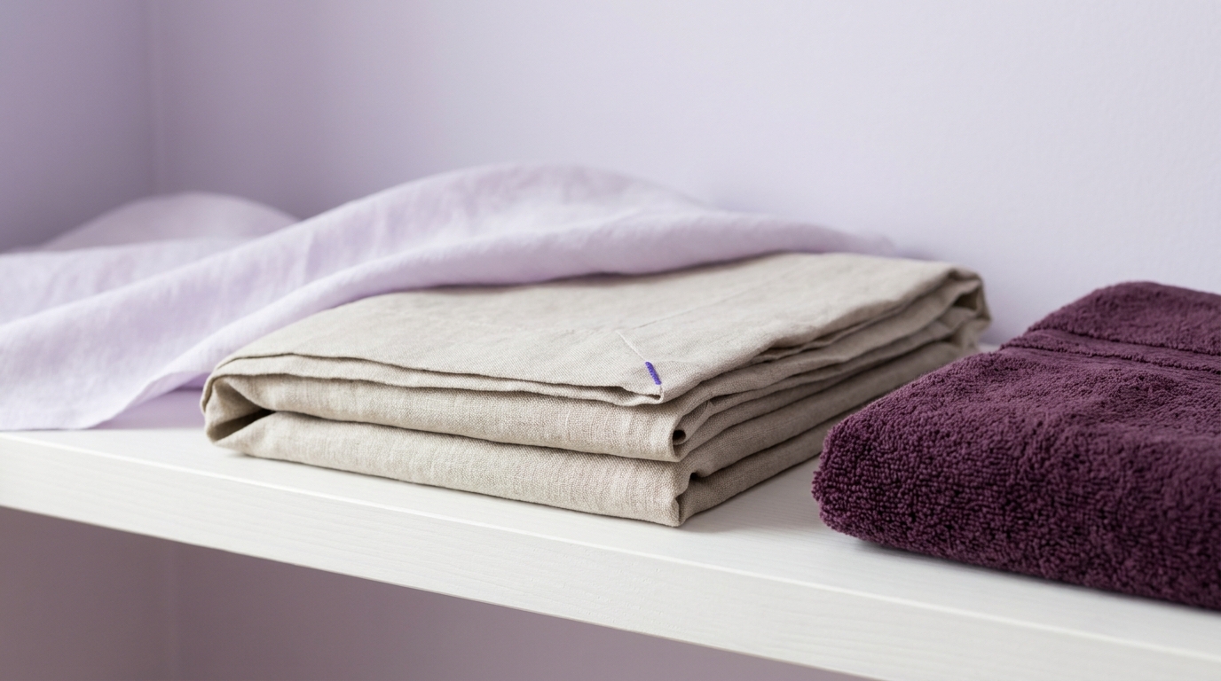Neatly folded fitted sheet on a minimalist white shelf with soft lavender background and deep plum and pale accent props in natural light why are fitted sheets hard to fold