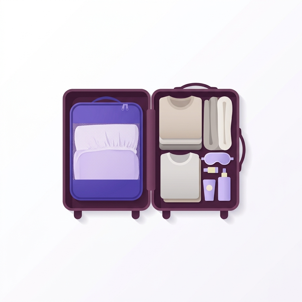 Minimalist 2D vector top view of a tidy suitcase with a compressed packing cube holding a neatly folded white fitted sheet next to organized neutral clothes why are fitted sheets hard to fold