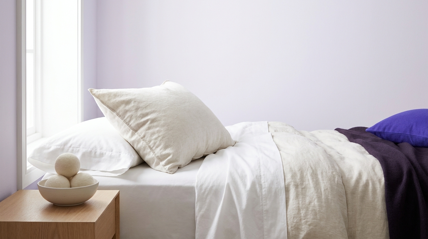 A minimalist bedroom with a loosely fluffed down pillow on a bed and a small bowl of wool dryer balls on a nightstand what can i use instead of tennis balls to dry pillows