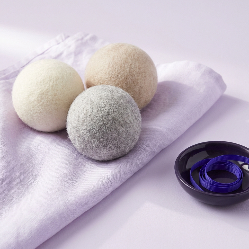 Wool dryer balls close up on soft linen with soft lavender and pale accent props Talk About Sleep palette what can i use instead of tennis balls to dry pillows