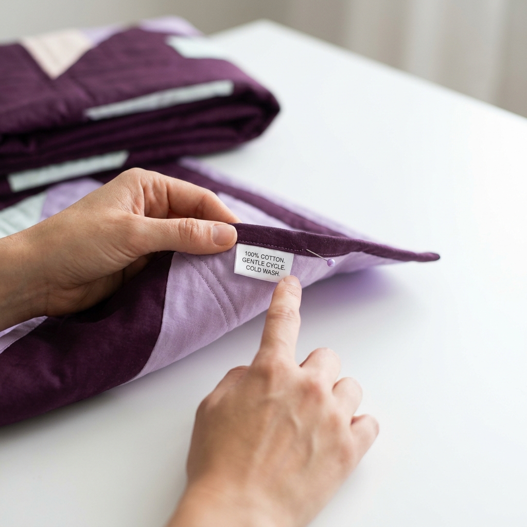 Close up of hands inspecting a quilt seam and care label on a clean white table with soft lavender and pale accent background showing the decision check step how do you wash a quilt without ruining it