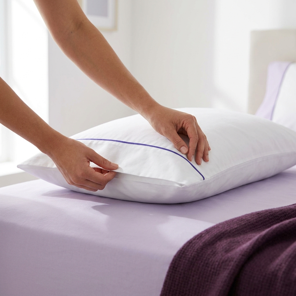 Close up of hands smoothing a folded pillowcase edge into an envelope finish on a standard pillow with white and soft lavender linens