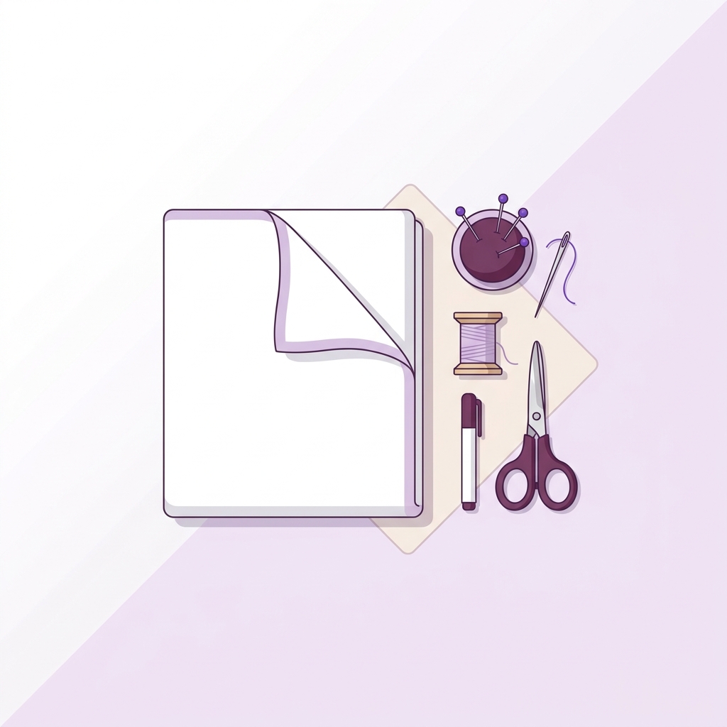 Flat lay vector of sewing essentials and a folded pillowcase with a minimalist Talk About Sleep palette on a clean white background