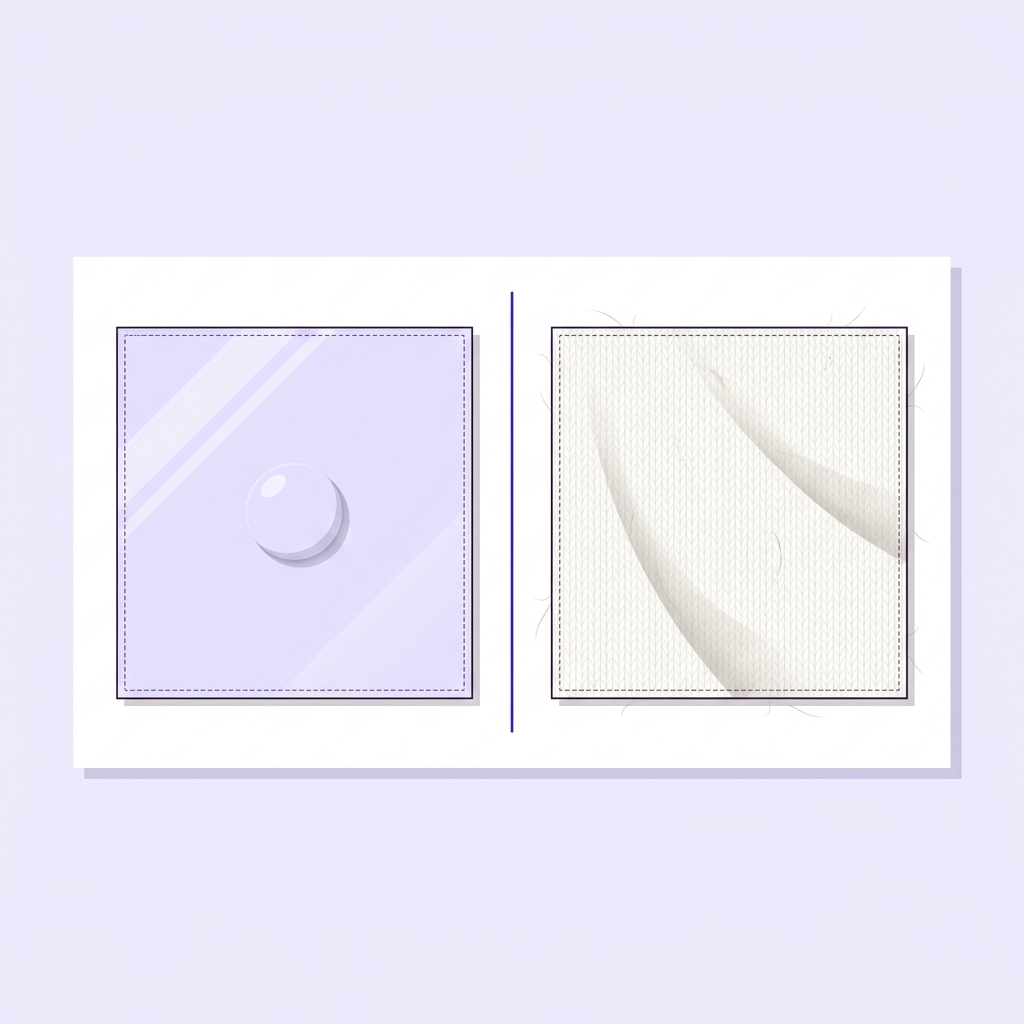 Minimalist 2D vector showing two fabric swatches side by side one waterproof laminate with visible water beading and one breathable cotton knit with knit loops and soft fold