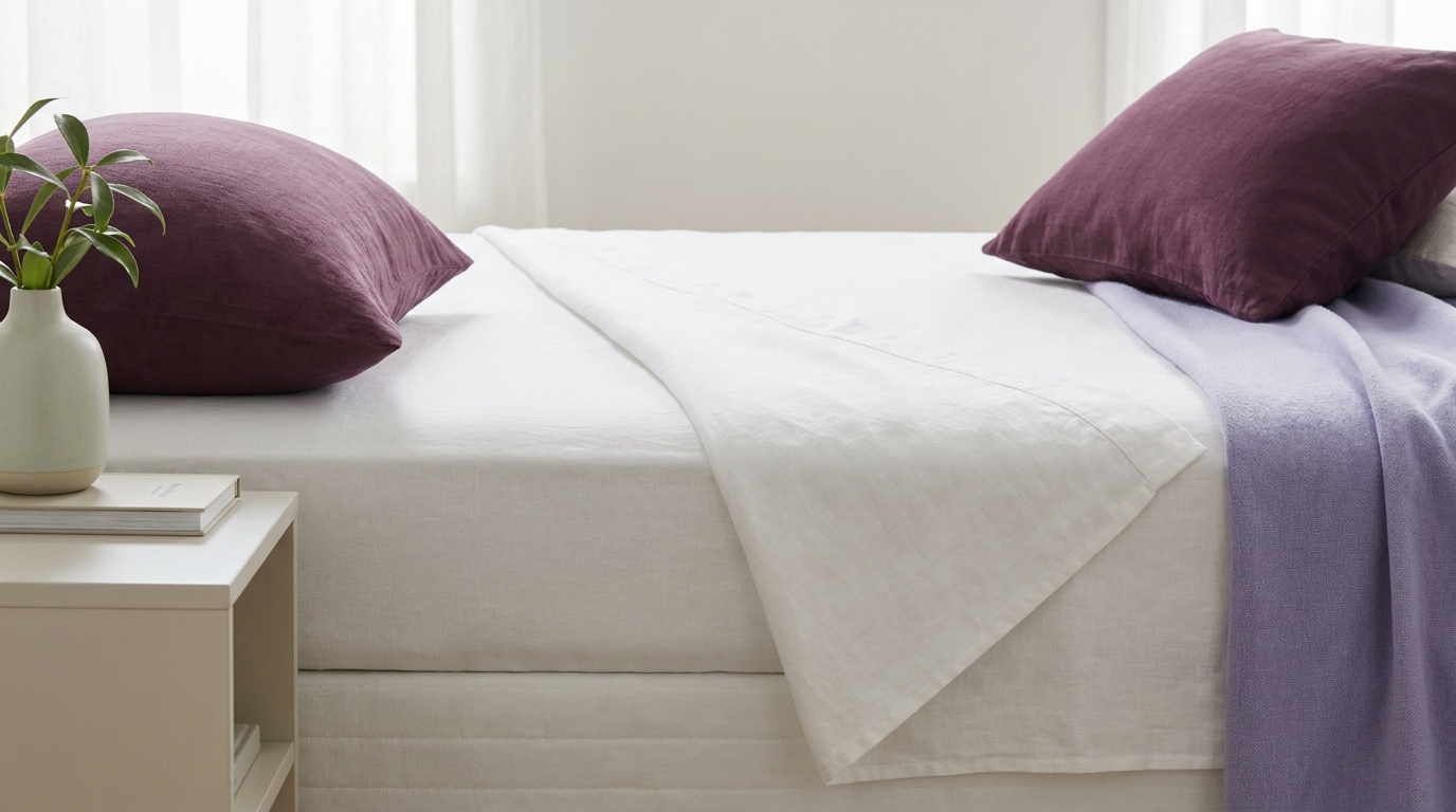 Minimalist bedroom editorial photo of a neatly made bed showing mattress height and a folded fitted sheet edge with soft lavender and deep plum accents