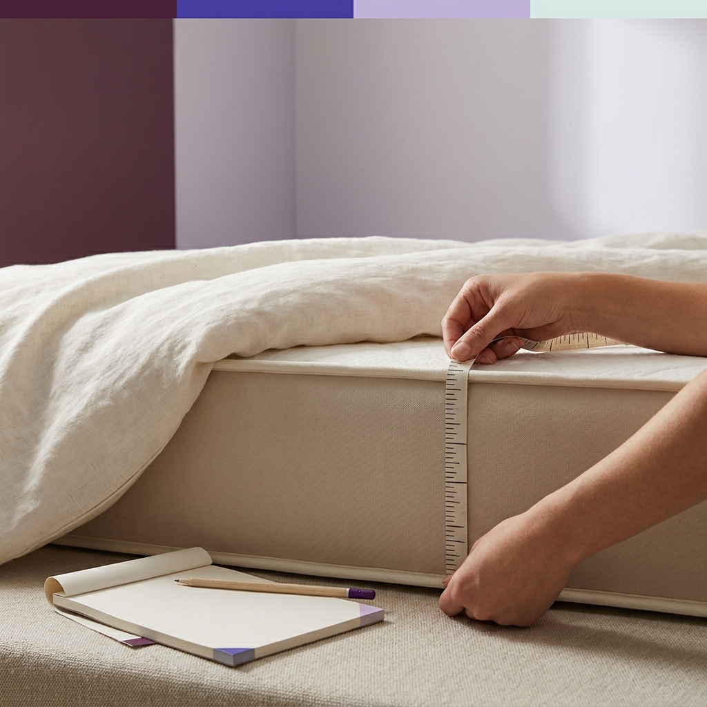 Close up of hands measuring mattress depth with a tape measure from top to bottom beside a notepad on neutral bedding