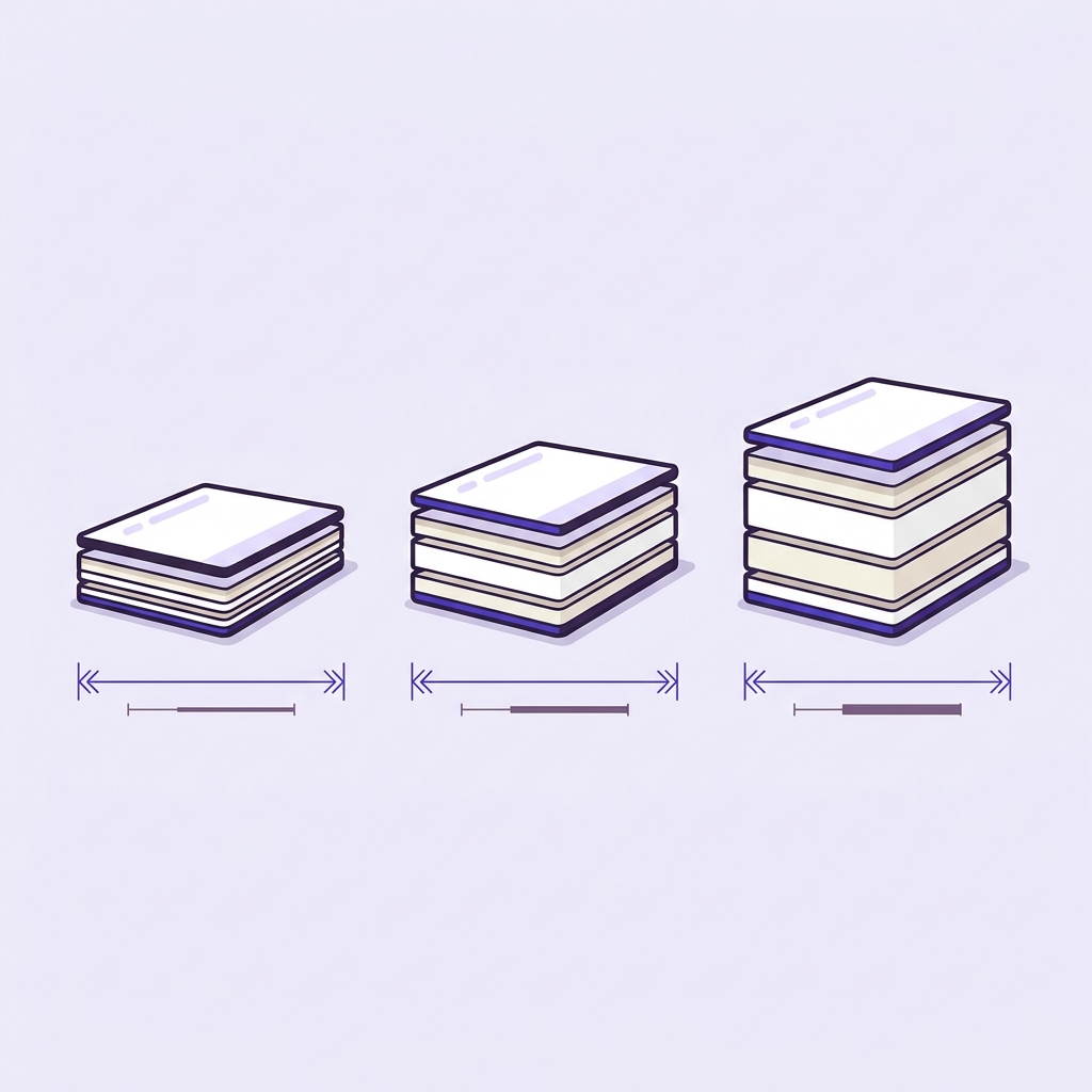 Minimalist 2D vector side profile of three mattresses with unlabeled measurement callouts indicating pocket depth ranges on a soft lavender background in Talk About Sleep brand colors