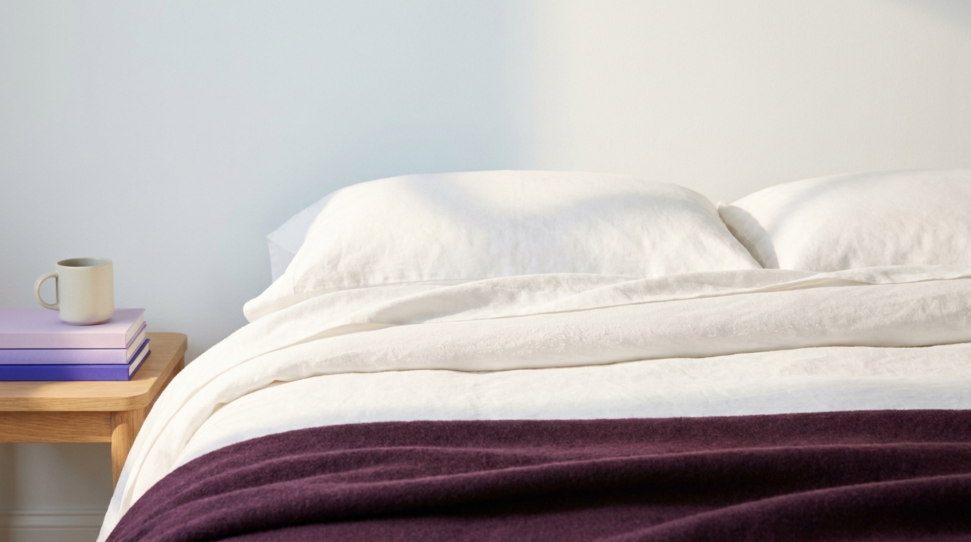 Full frame neatly made bed with soft focus close up of sheet texture showing gentle pilling detail warm natural light minimalist scene with white deep plum and primary violet accents