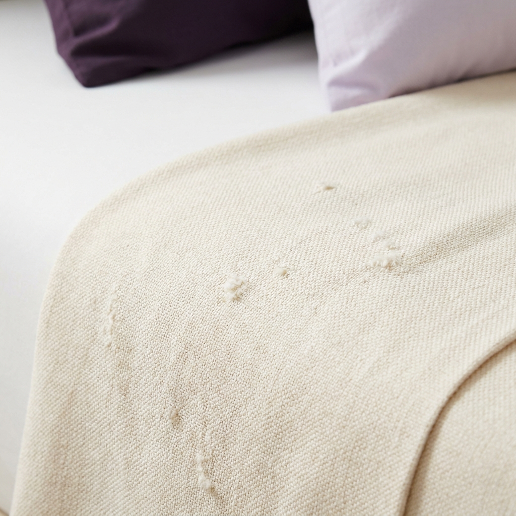 Close up of sheet fabric showing weave texture and small pills on a neutral soft lavender background with clean minimalist styling