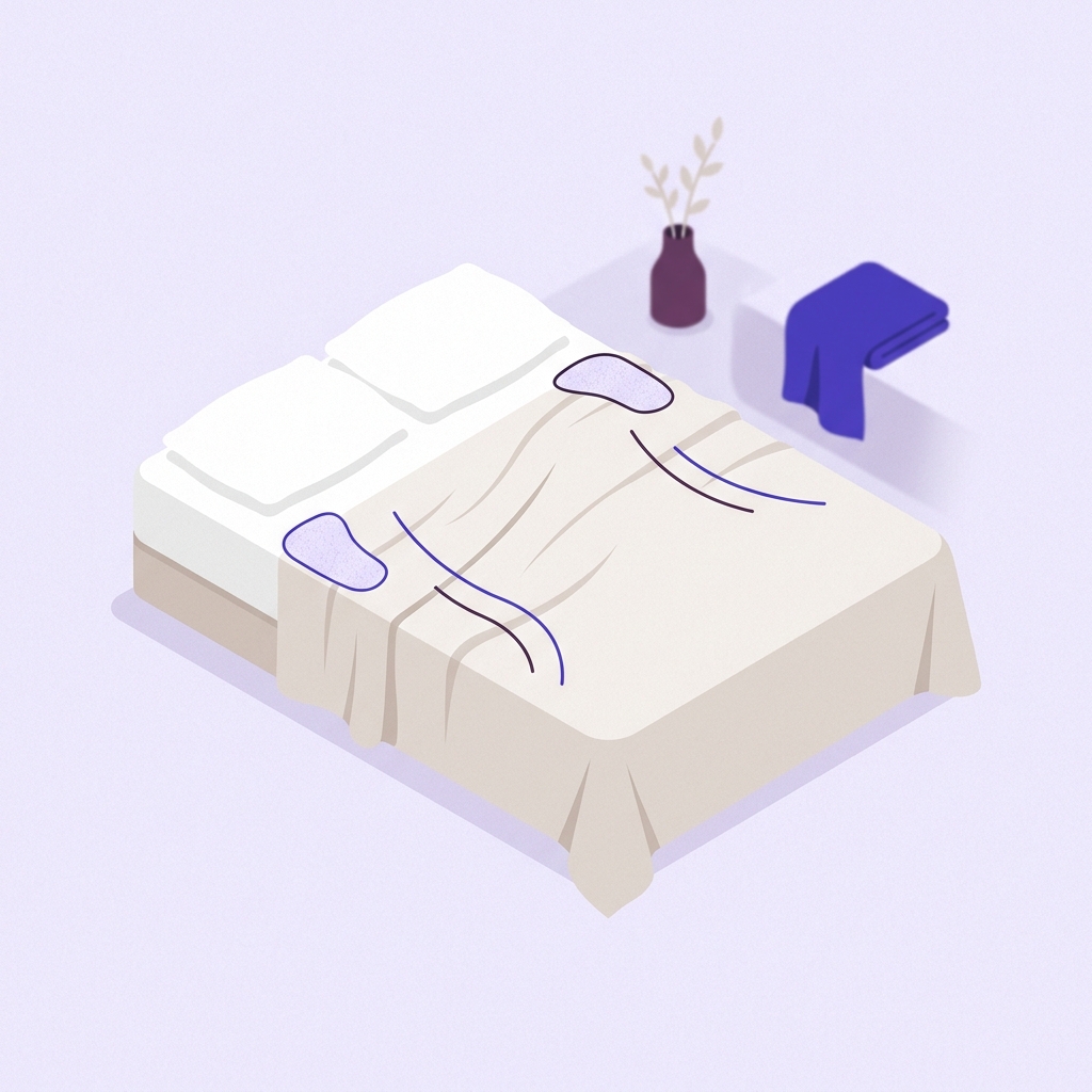 Minimalist 2D vector illustration of a tidy bed with white sheets on a soft lavender background showing two subtle textured wear zones at hips and shoulders