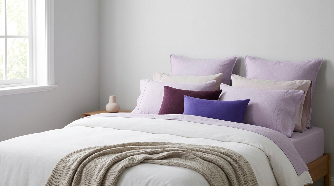 Minimalist full frame photo of a made bed with layered shams and neutral pillow inserts in soft natural light with lavender and deep plum accents